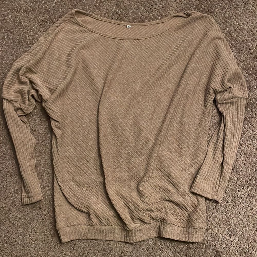 Beige Off Shoulder Ribbed Texture Raglan Long Sleeve Top - Picture 2 of 5